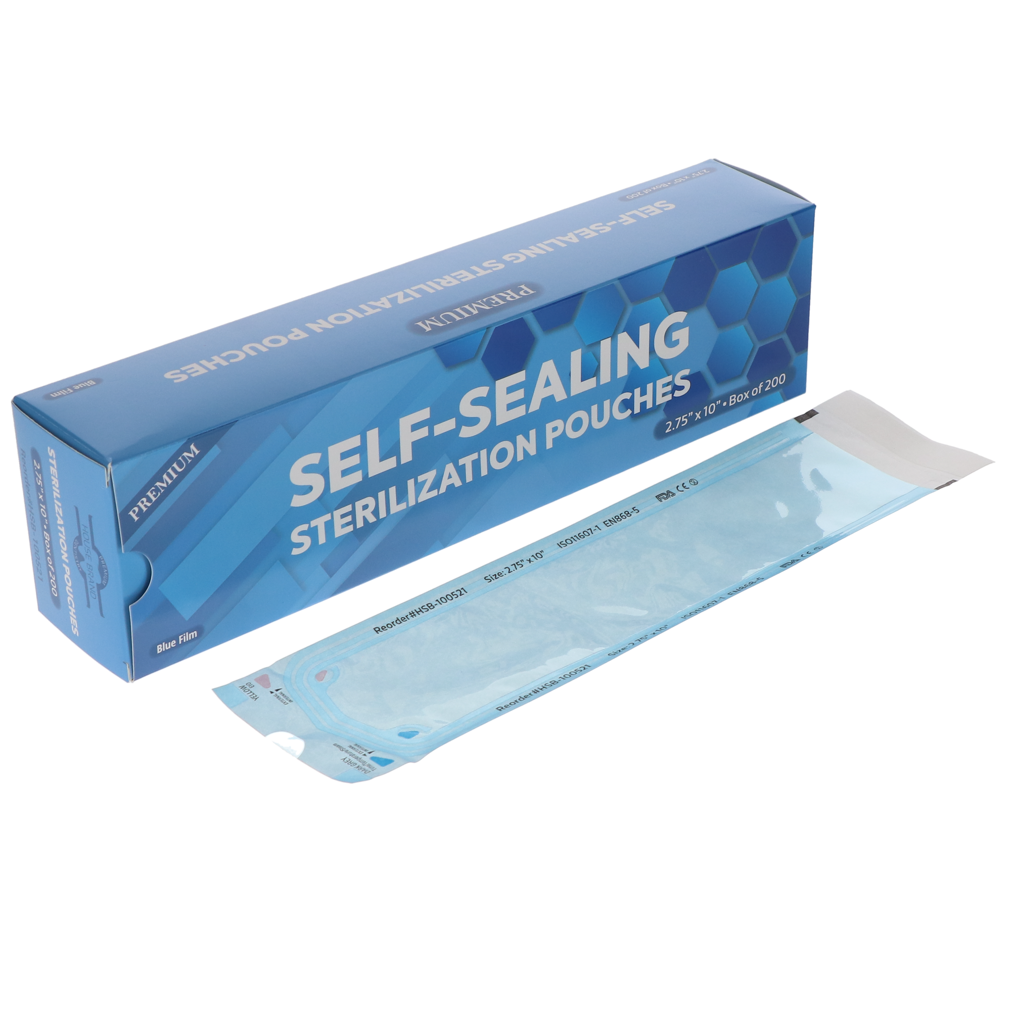 House Brand Dentistry 100521 Paper/Blue Film Self-Sealing Sterilization Pouches 2.75 House Brand Dentistry 100521 Paper/Blue Film Self-Sealing Sterilization Pouches 2.75